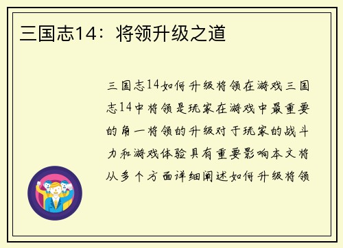 三国志14:将领升级之道